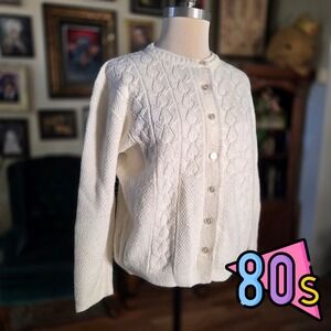 Vintage 80s Carriage Court Cream White Cable Knit Cardigan Sweater USA Made